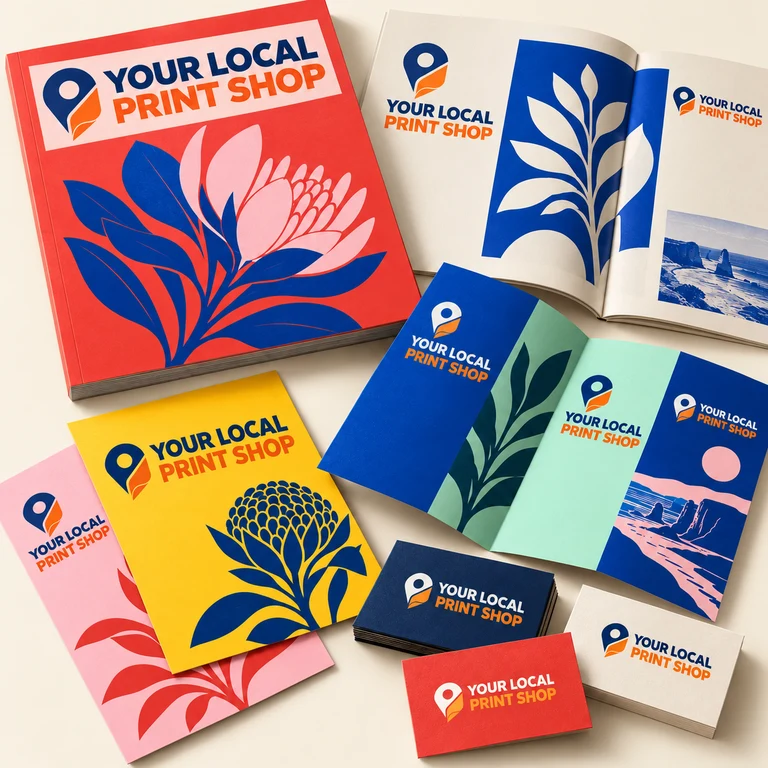 Your Local Print Shop branded magazine, booklet, brochure, flyers and business card mockups
